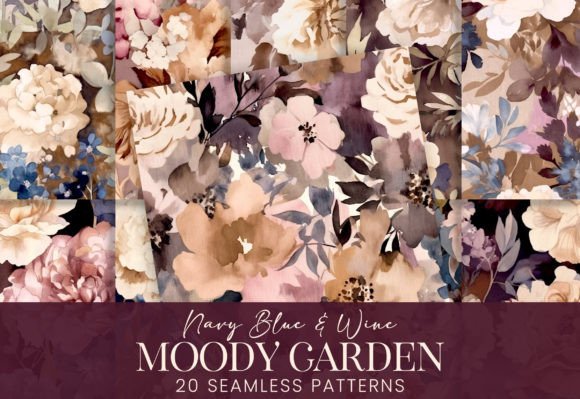 Download Moody Watercolor Florals Navy Rose Wine - Premium Bundle